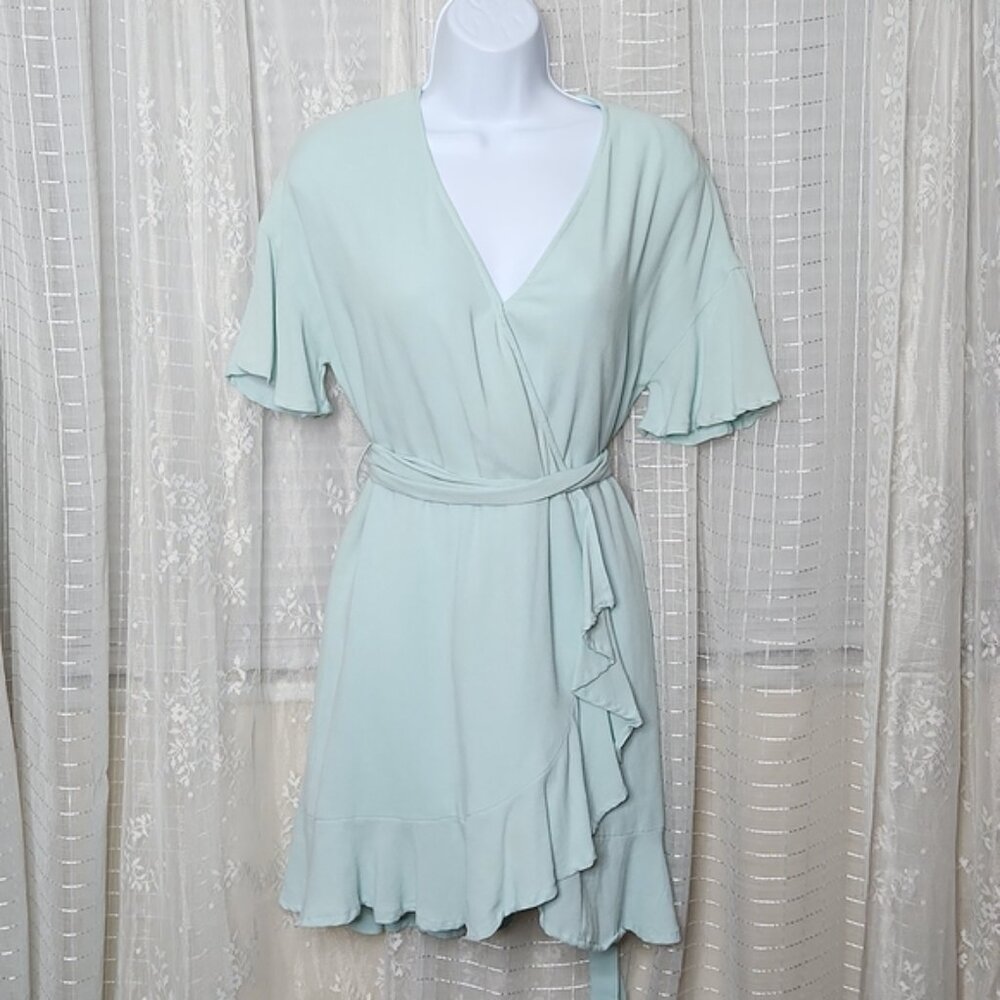Entro Seafoam Green Blue Ruffled Feaux Wrap Dress W/ Sash SzM